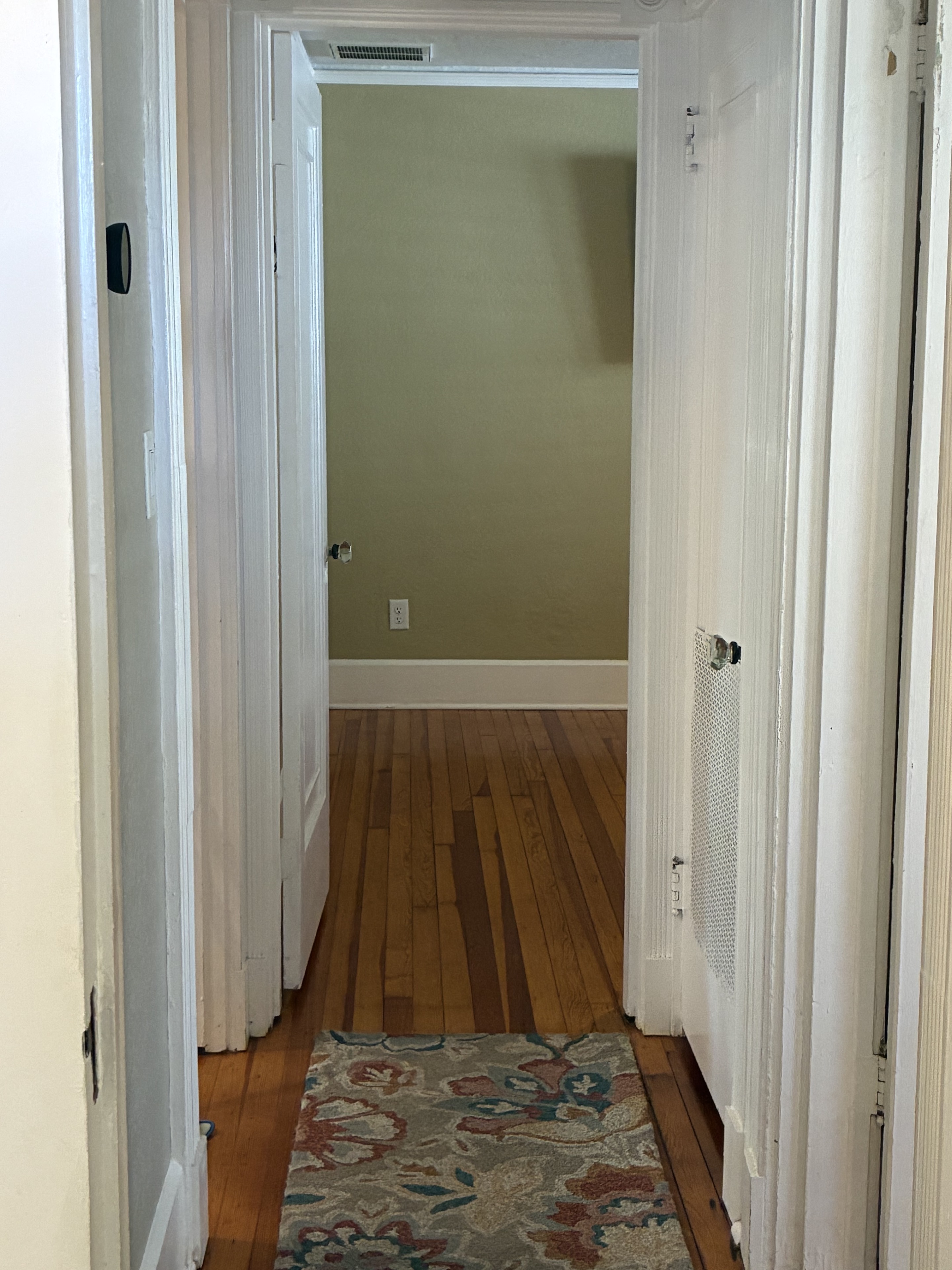 Clean hallway trim, doorway, rug, and hardwood floor