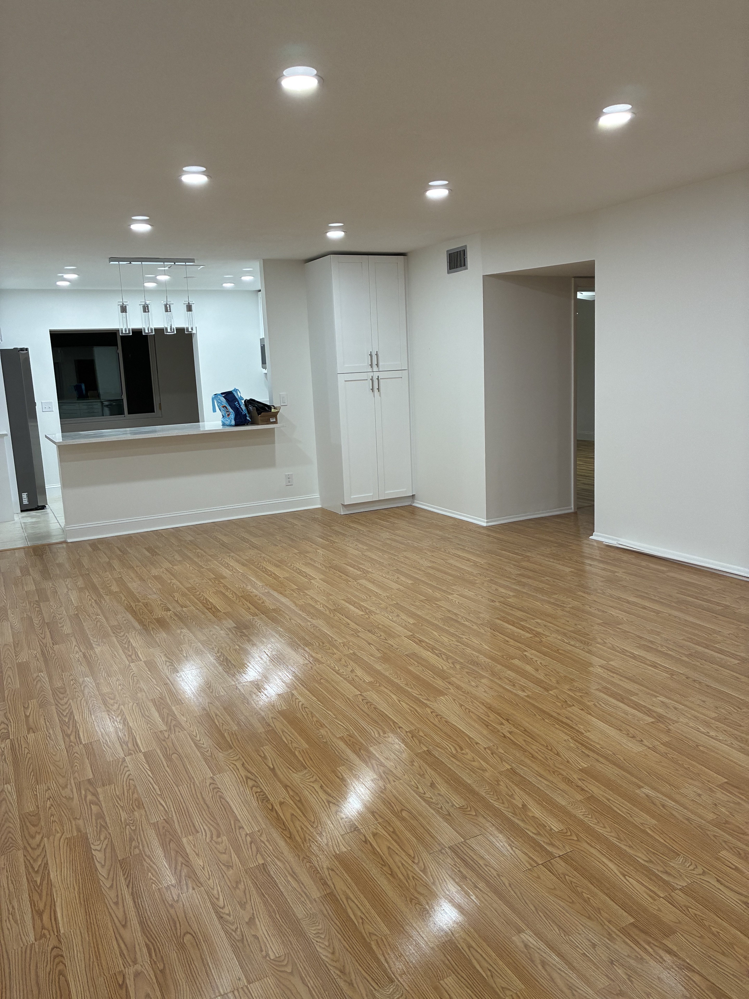 Clean open floor area with polished light hardwood and bright ceiling lights