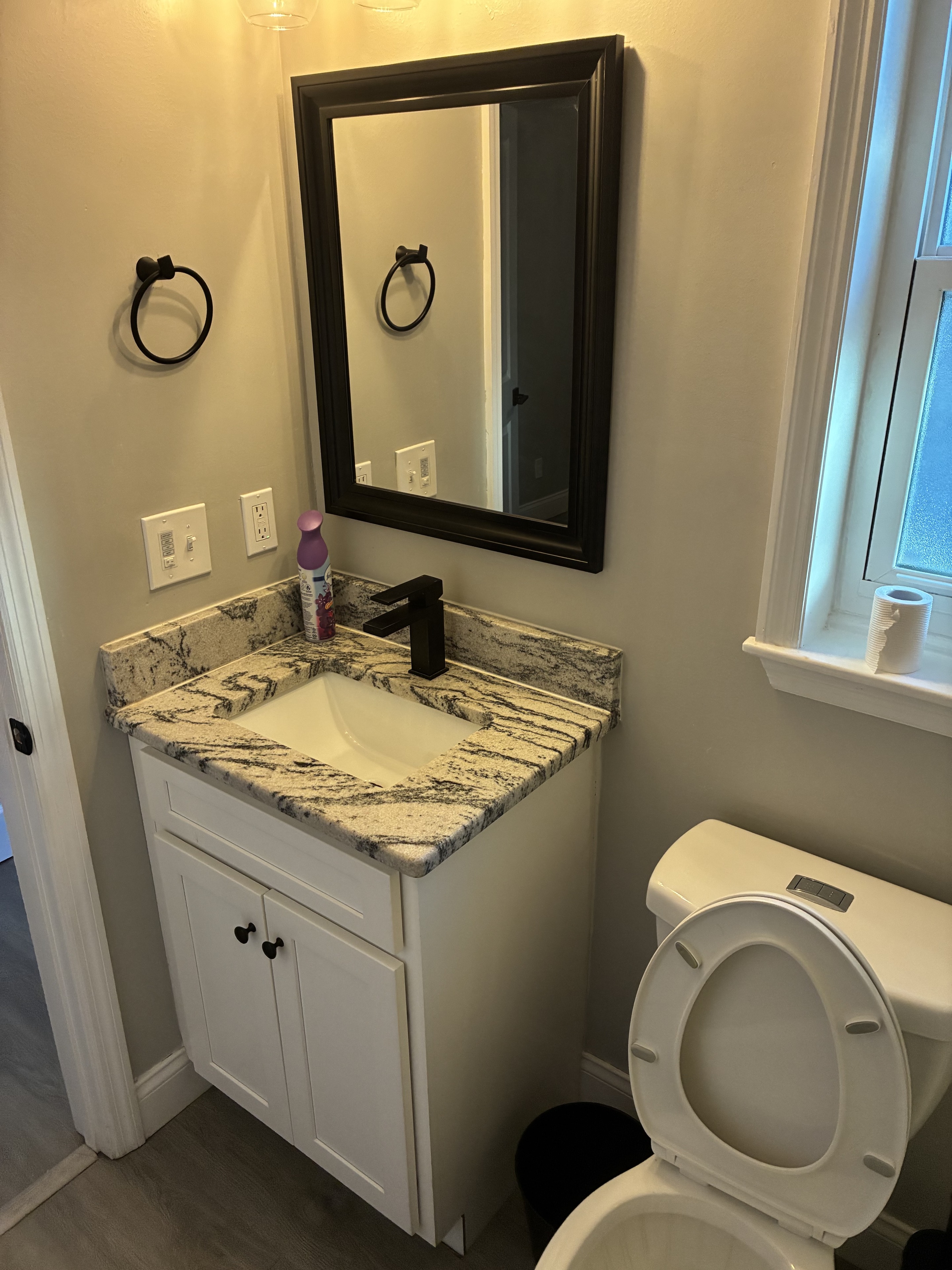 Clean powder room vanity, mirror, toilet, and fixtures